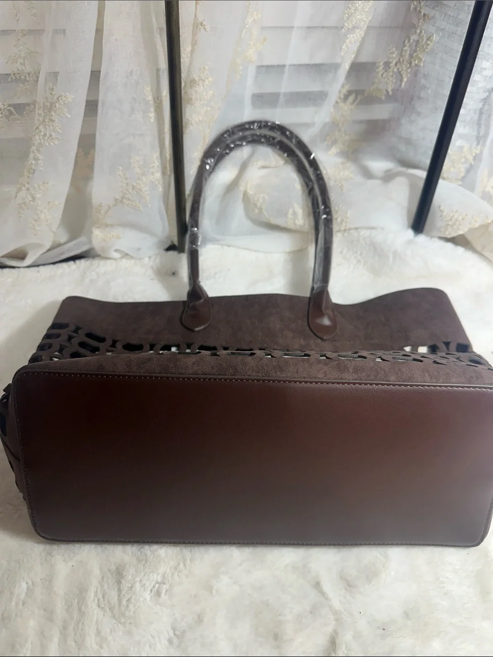 Anthropologie faux Seude perforated slouchy chocolate bag with canvas insert